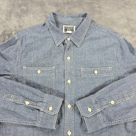 VTG Converse One Star Denim ButtonShirt Mens M Blue Retro Casual Long Sleeve Y2K - Picture 3 of 10